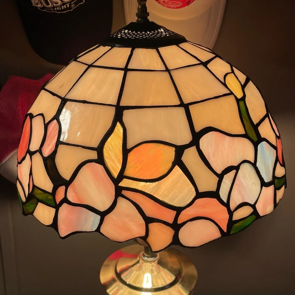 Tiffany Designs Stained Glass Table Lamp Shade in Peach, Green, Cream - Picture 3 of 3